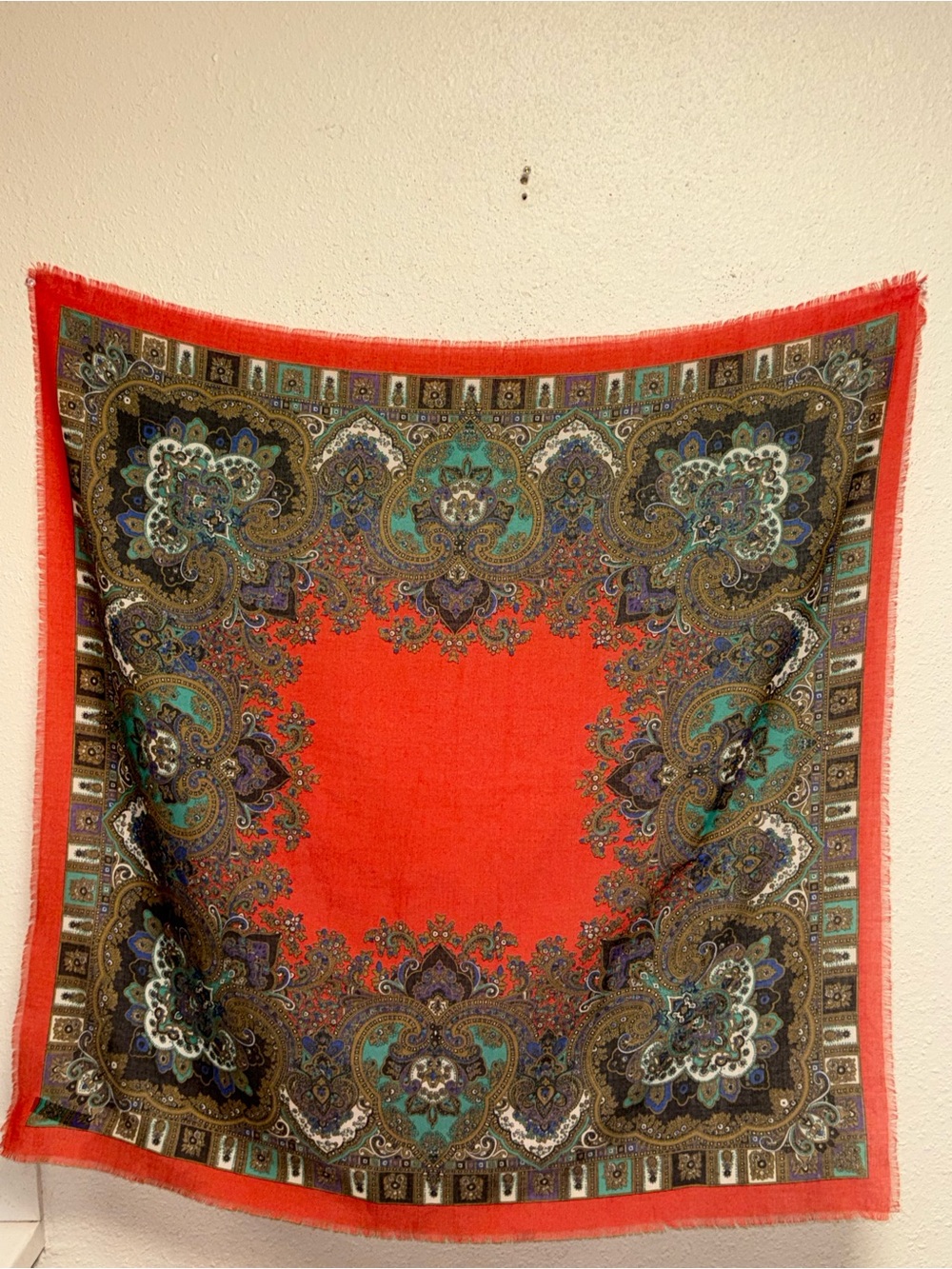 Vintage square Scarf with a bright red center and an intricate paisley and flora